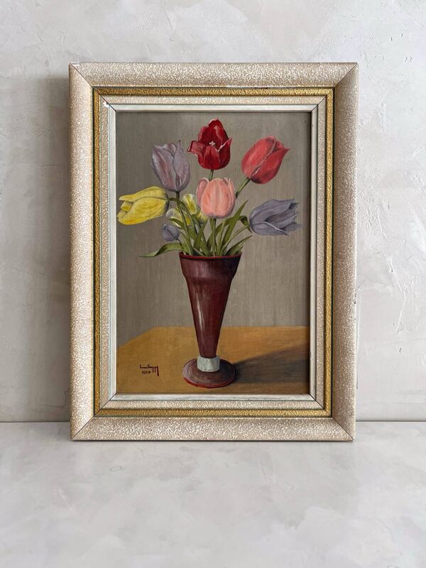 Peinture ancienne tableau huile sur panneau bouquet de tulipes 1954
