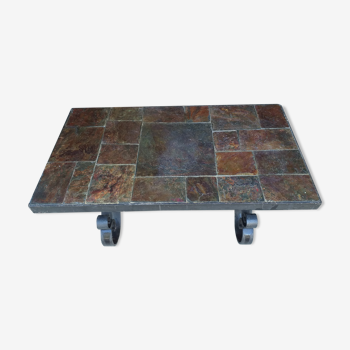 Slate and wrought iron coffee table