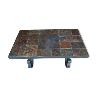 Slate and wrought iron coffee table