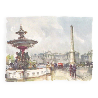 Watercolor signed "delarue" place de la concorde in paris