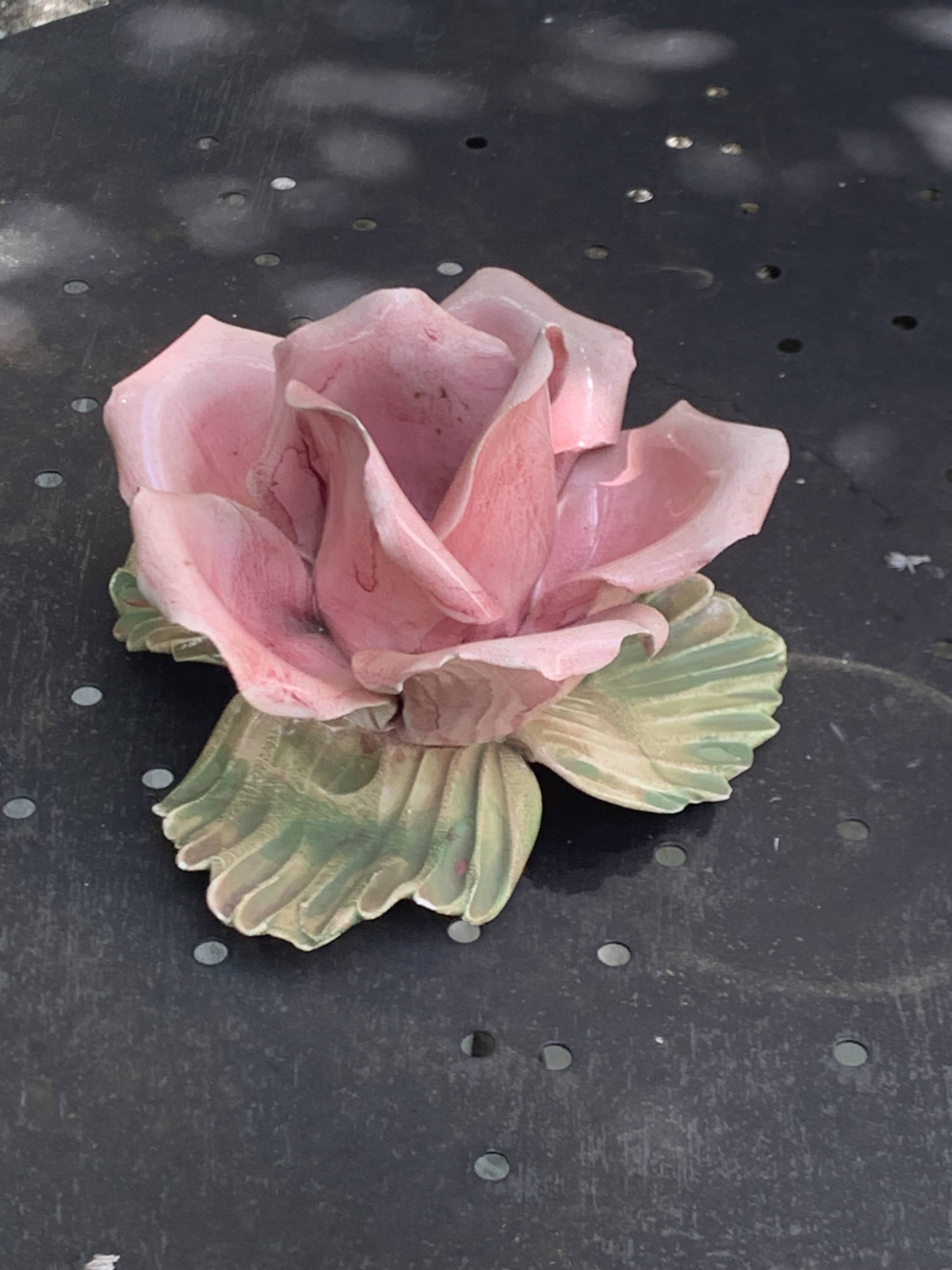 Pink candle holder in slip, old biscuit