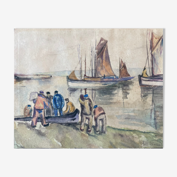 Tableau peinture ancienne marine Janssaud XIXe