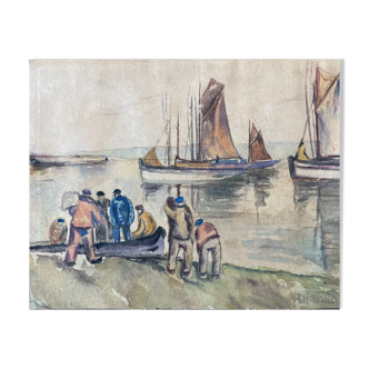 Tableau peinture ancienne marine Janssaud XIXe