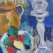 Tableau , gouache , cruche , lampe de dentellière , Provence