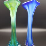 pair of blown glass vases green and blue soliflore