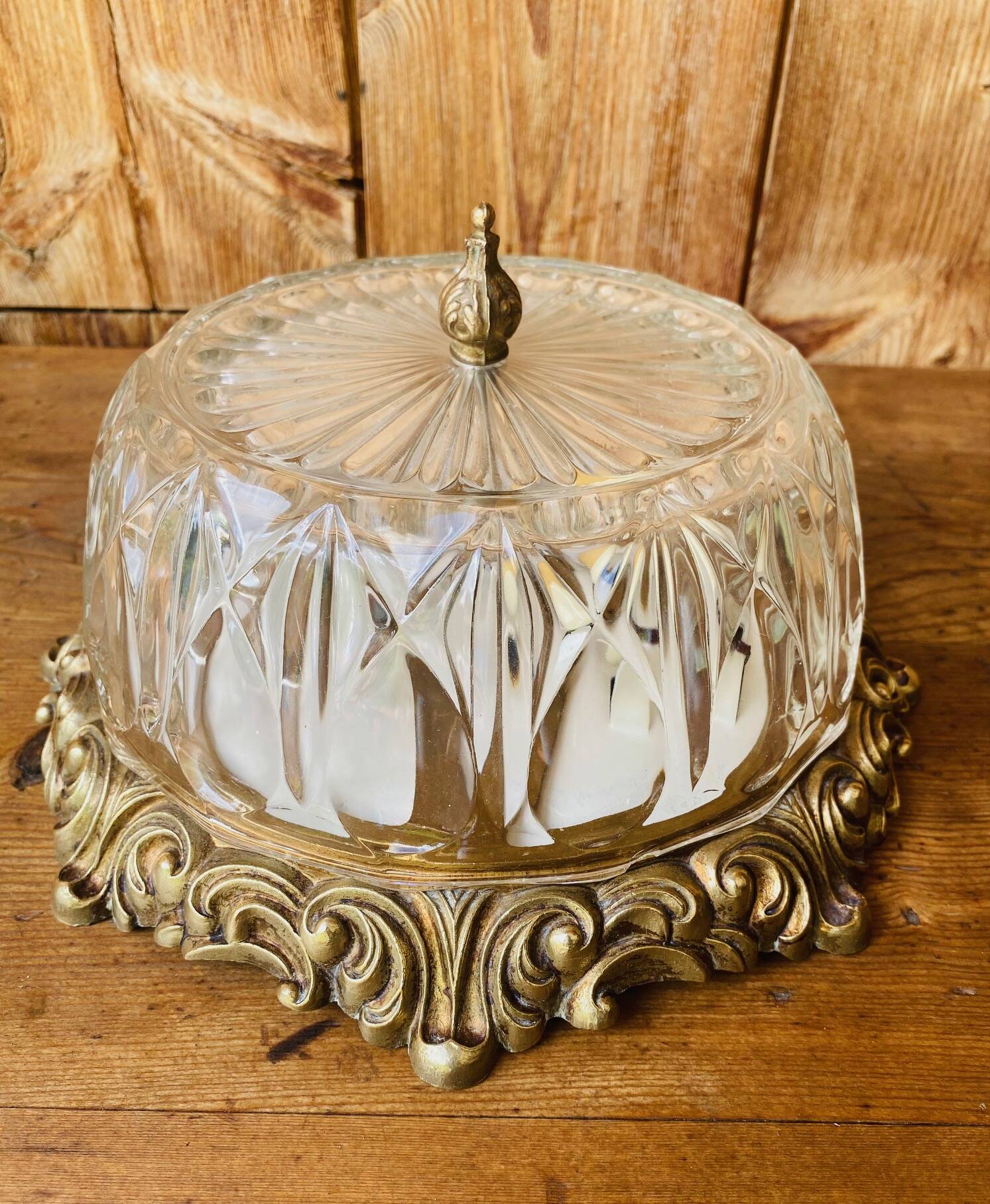 Glass and chiseled bronze ceiling light from the 50s/60s