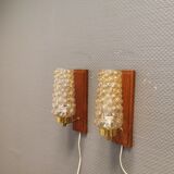 Pair of wall lamps, in teak, brass and bubble glass, Danish, from the 50-60s