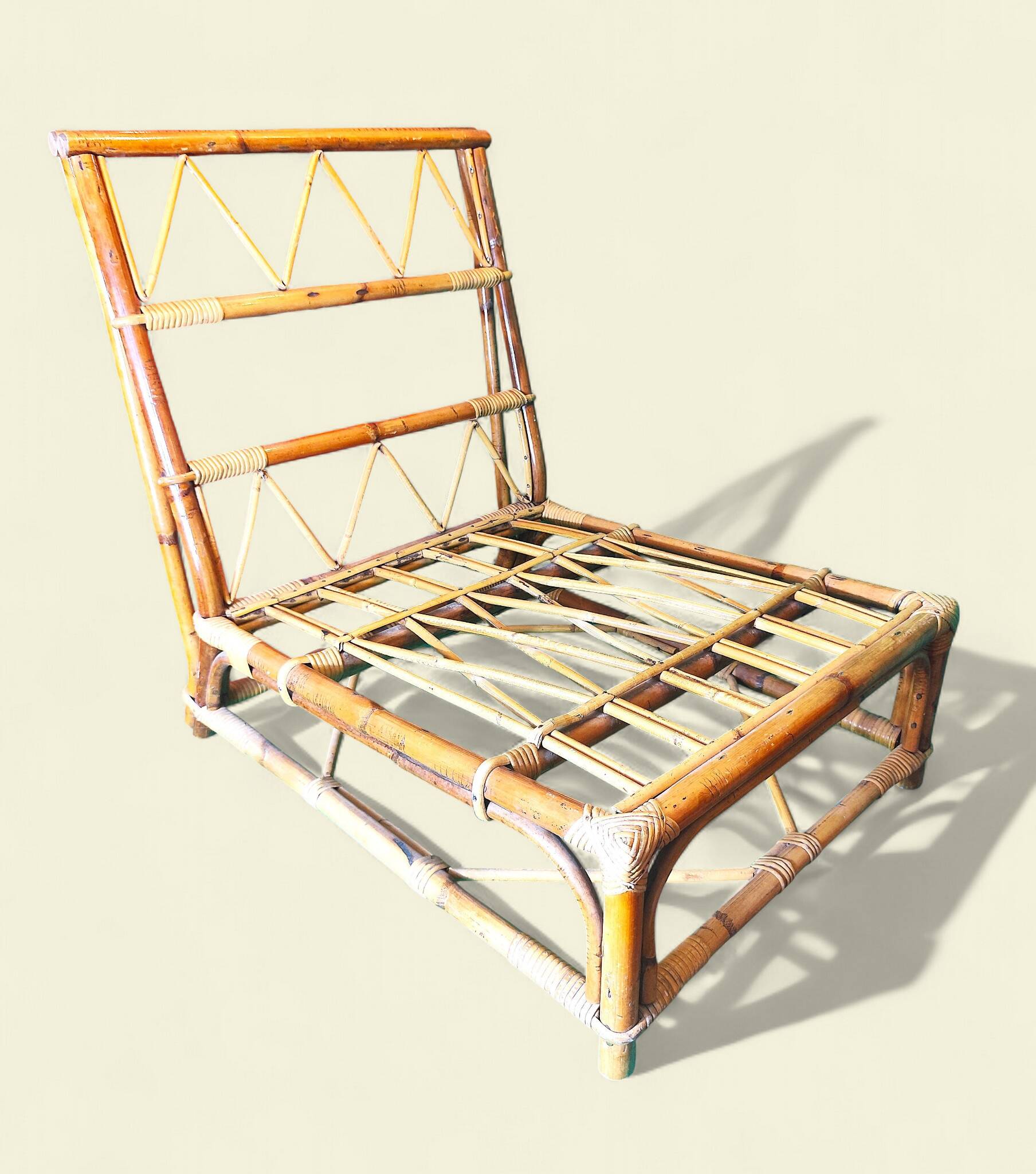 Low Varnished Rattan Armchair by Audoux-Minnet - Golfe-Juan, 1950s-1960s