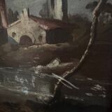 Oil on panel, port scene, late 19th century, gilded frame