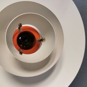 Older ph 4/3 hanging lamp, in white, with original orange suspension disk.
