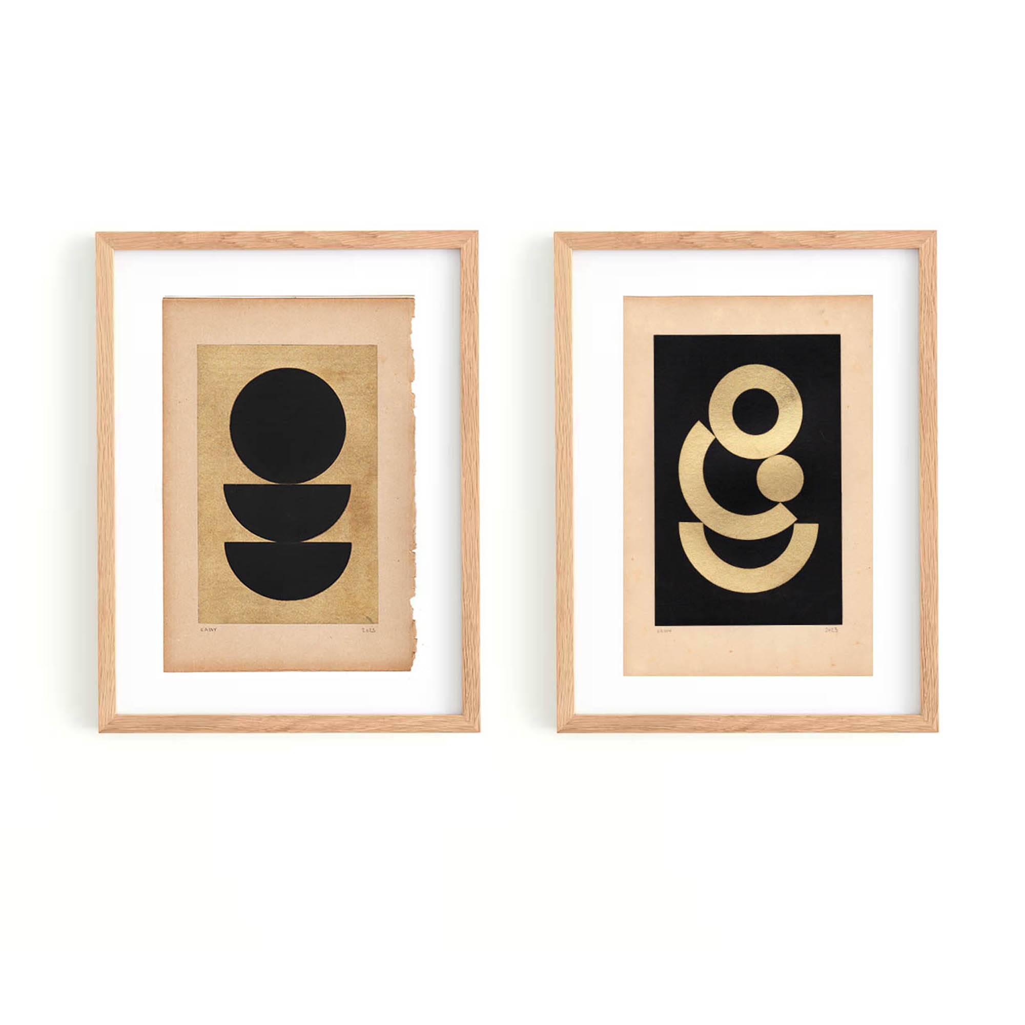 Duo de Collages sur papier noir et doré signée Eawy