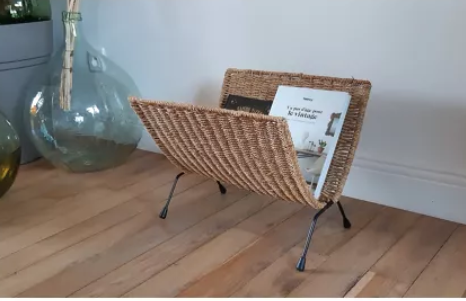 Folding review door in rattan / hemp and steel 70s