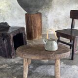 Stool, tabouret or low Japanese-style armchair in brutalist monoxyle radica.