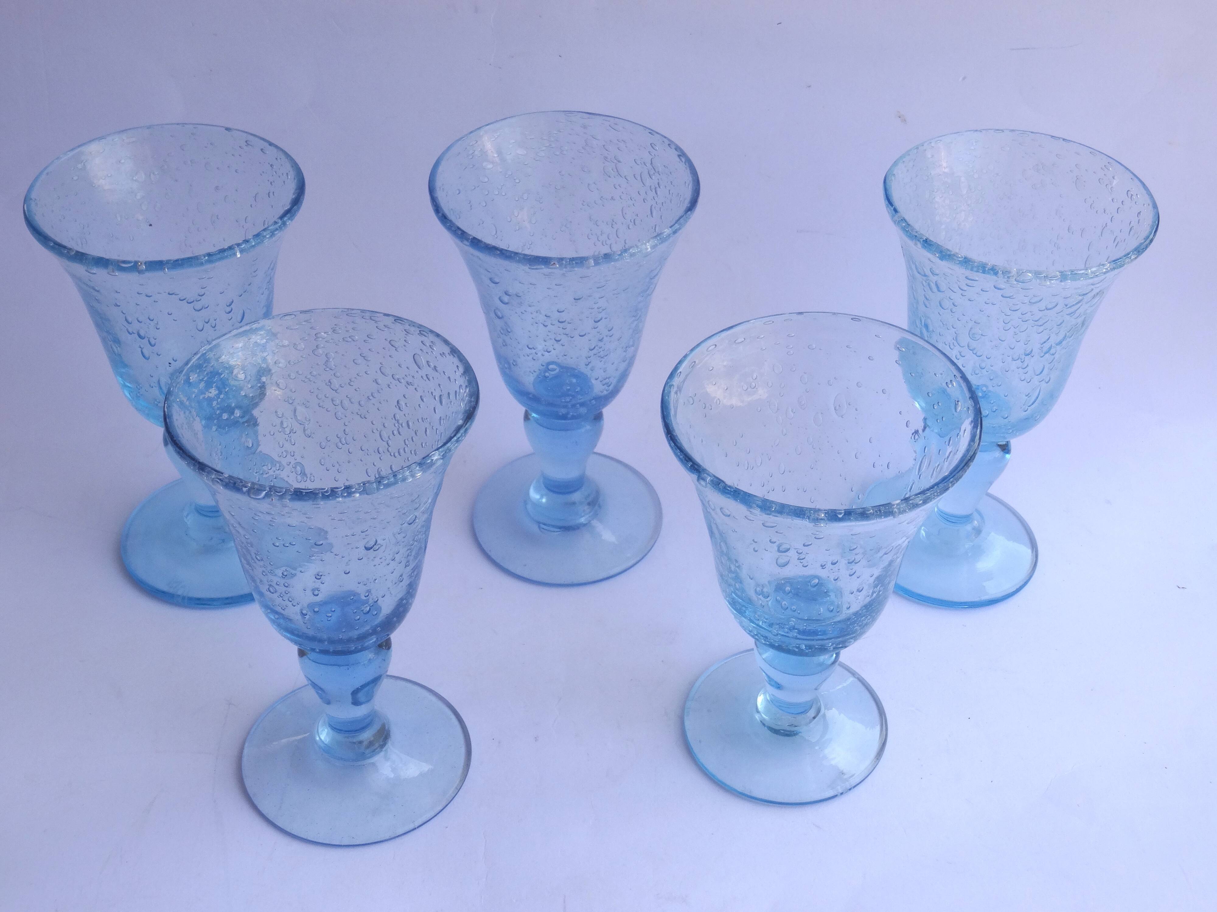 5 glasses with blue Biot stemmed