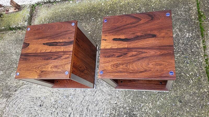 Vintage aluminium and wood bedside tables.