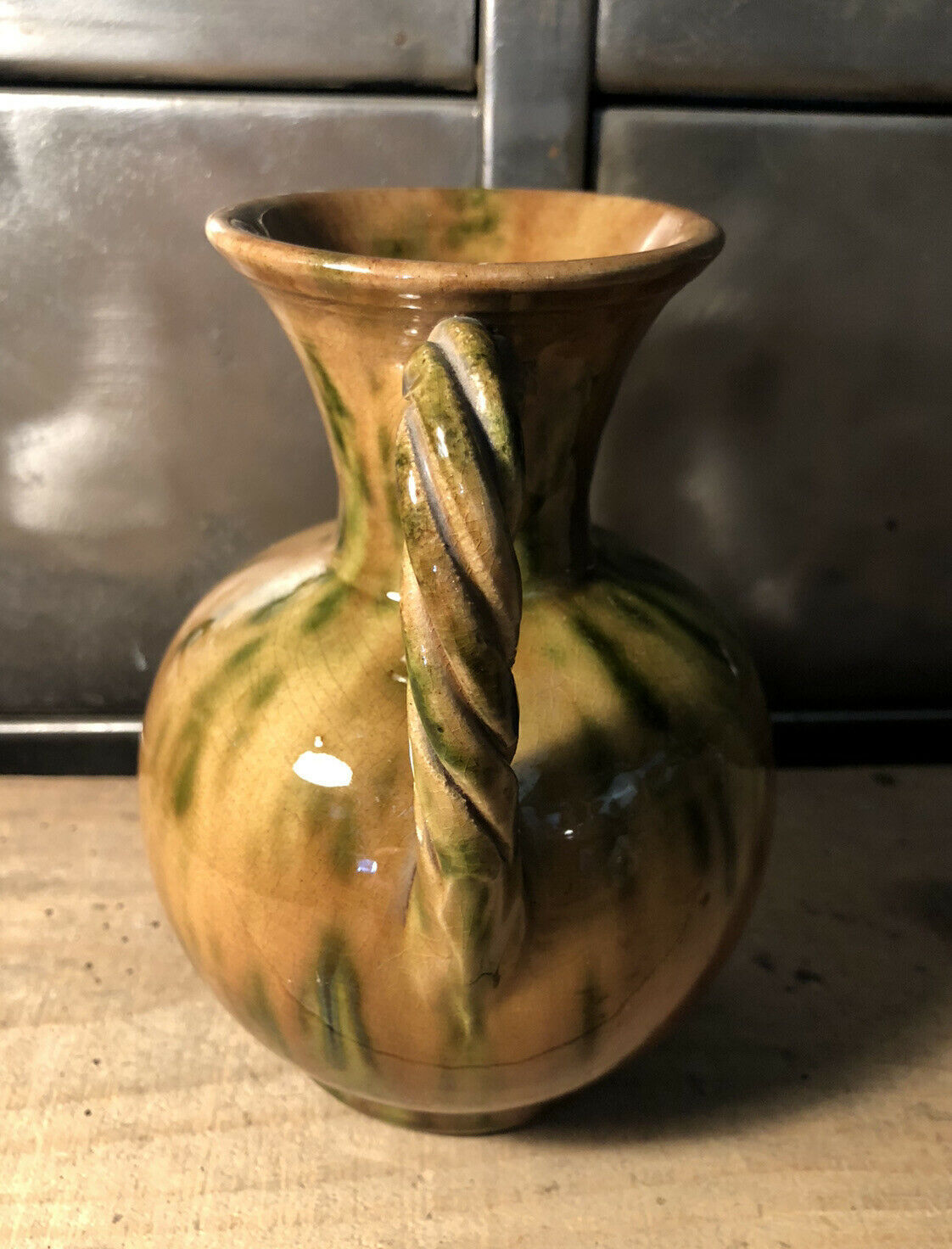 Handled vase in enameled ceramic, stamp to identify
