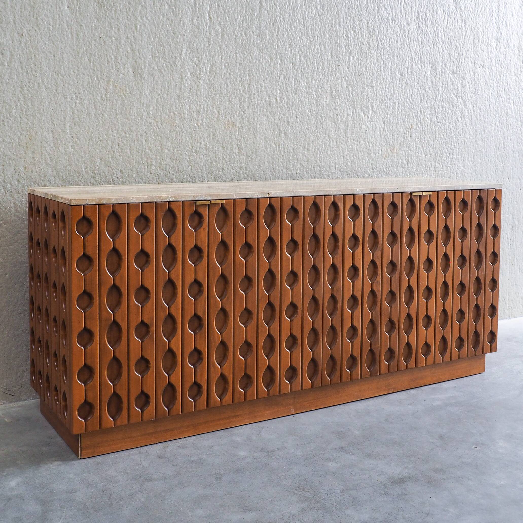 Contemporary Brutalist Carved Wood Sideboard With Travertine Top In review