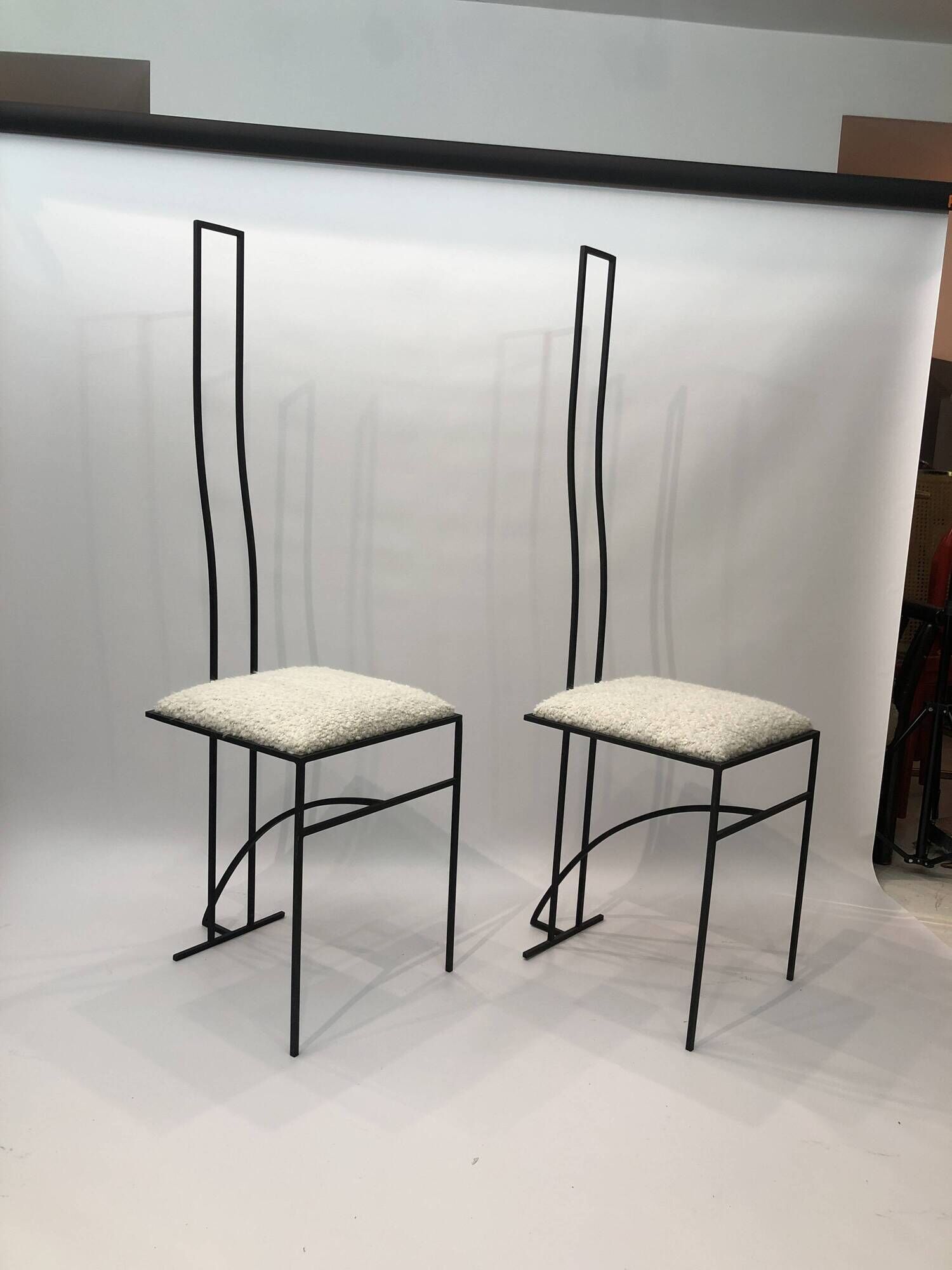 Pair of Postmodern High Back Black Metal Side Chairs in Boucle 1980s Vintage 70s