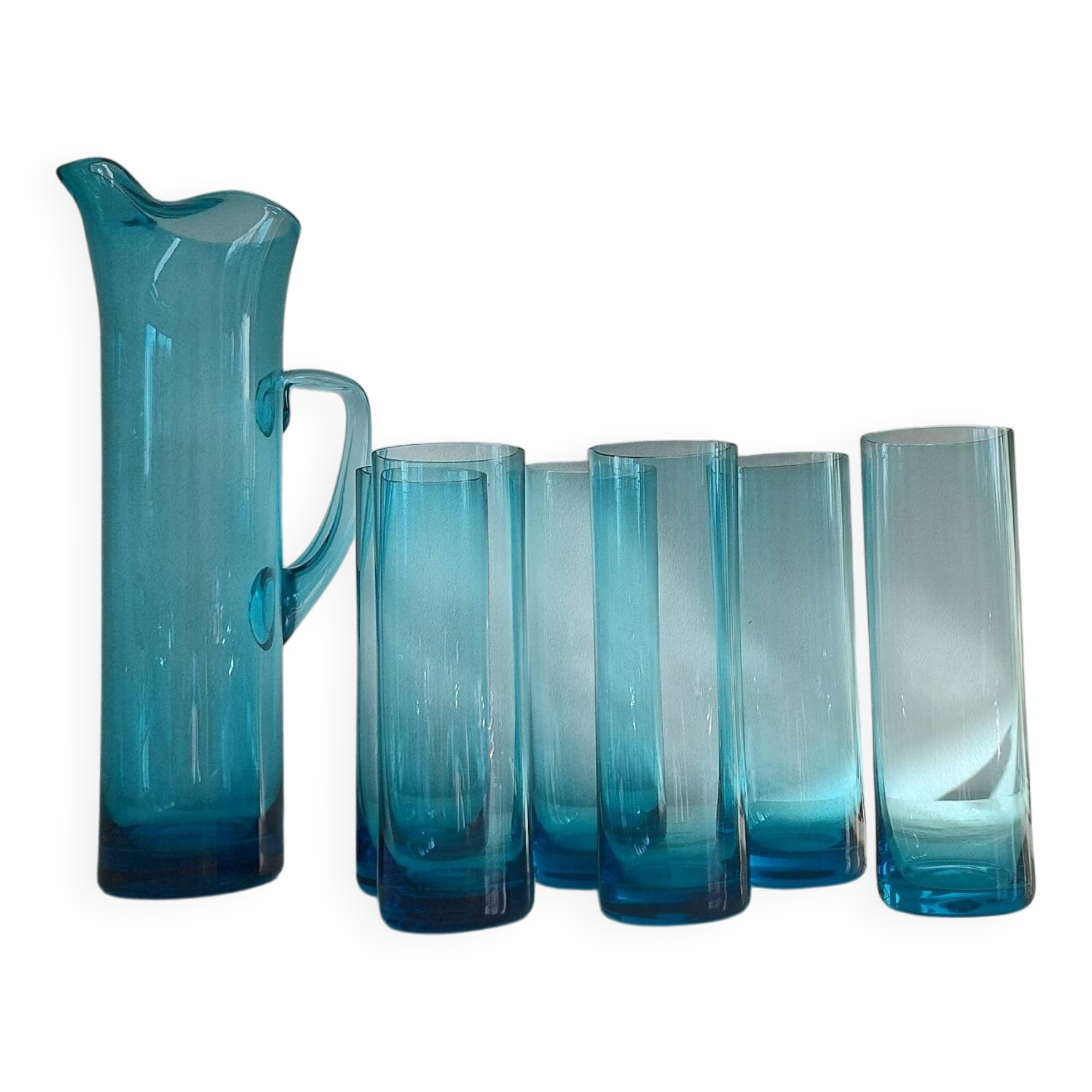 Vintage blue glass water service – carafe + 6 glasses
