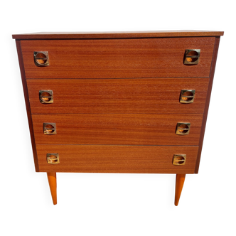commode années 60, pieds fuseaux, poignées encastrées