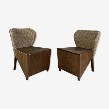 Pair of 50's vintage wooden and wicker armchairs