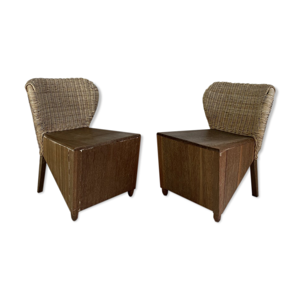 Paire de fauteuils en bois et osier vintage 50's