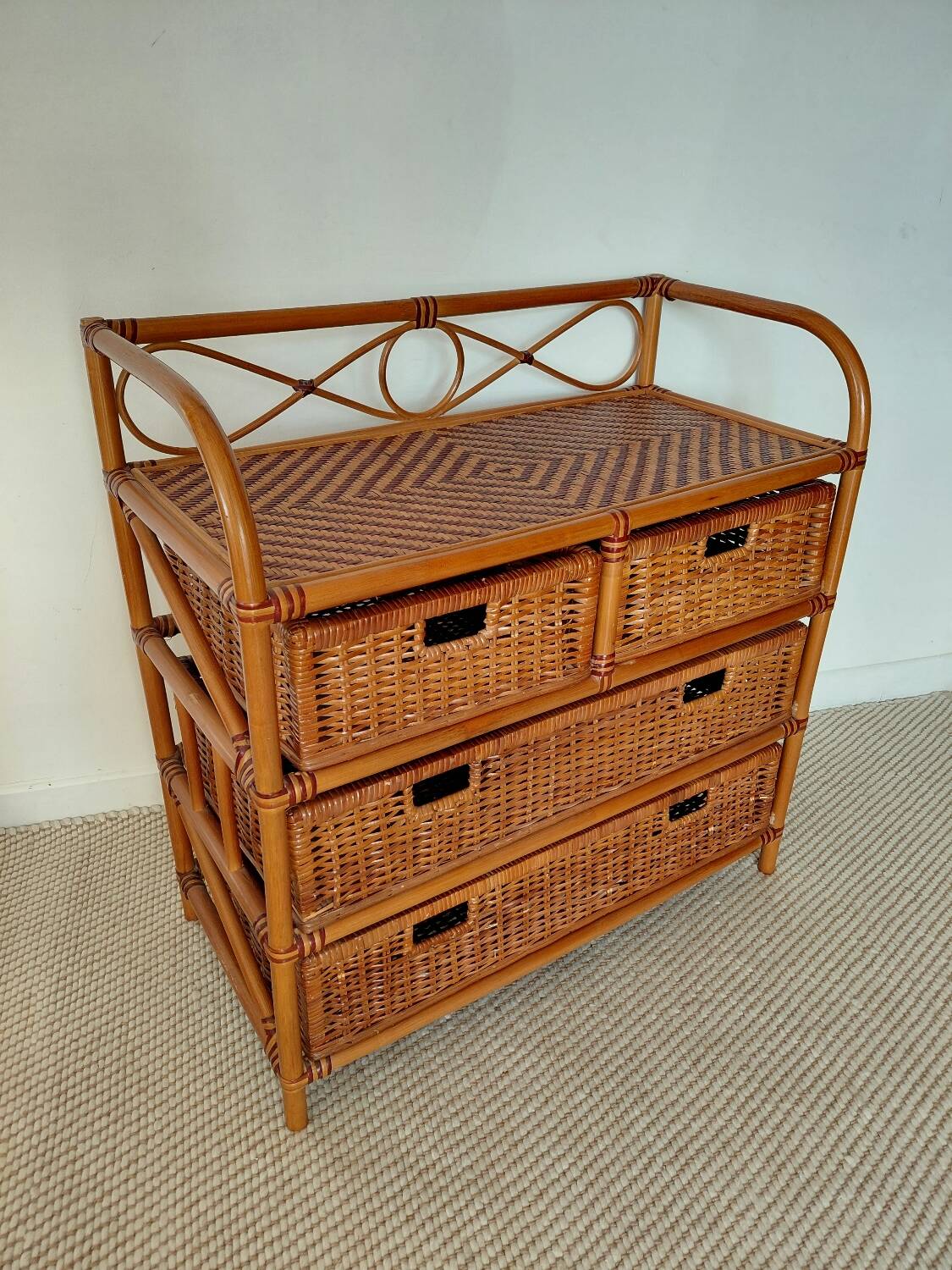 Commode vintage en rotin 4 tiroirs-esprit bohème-bord de mer