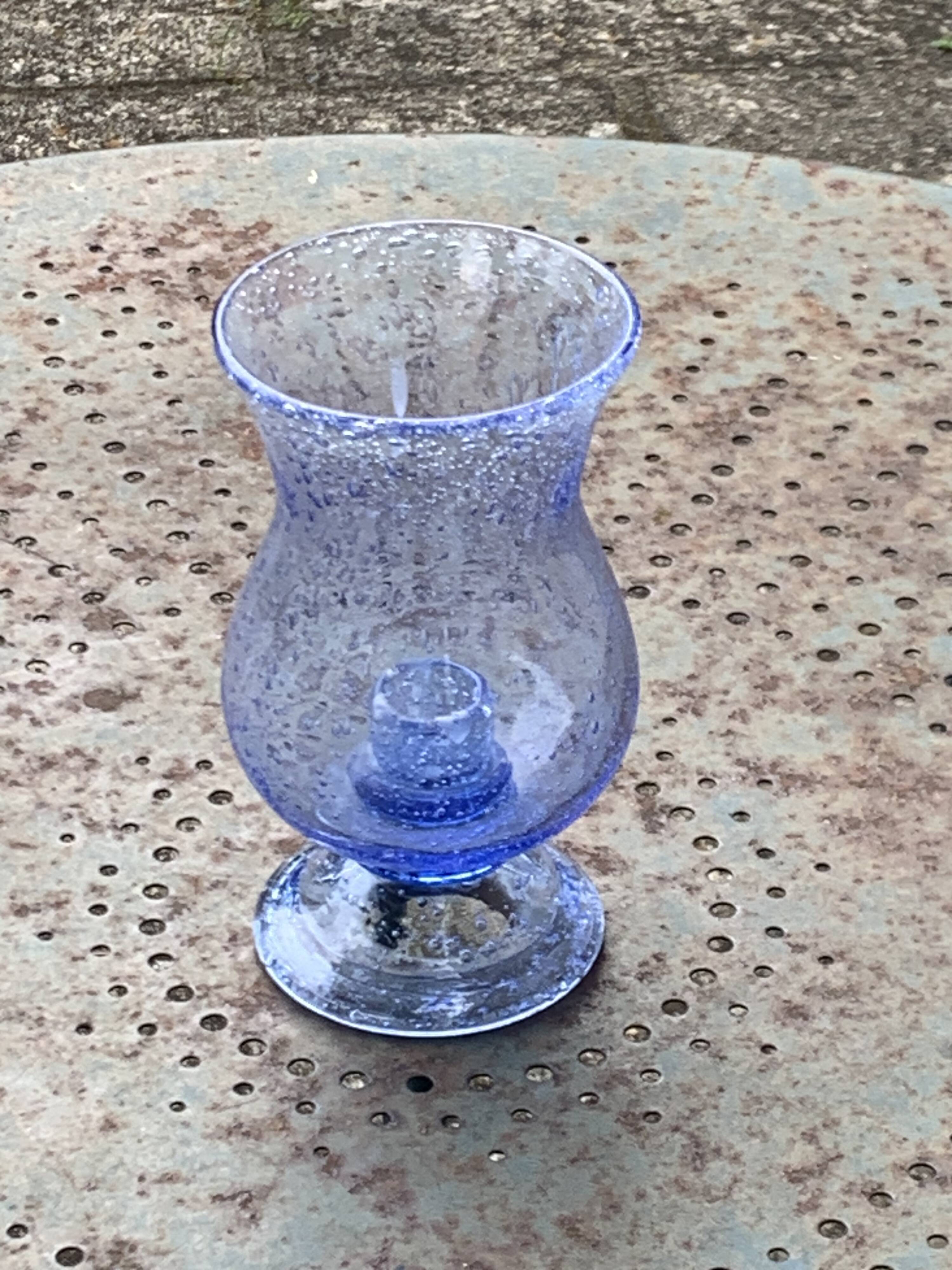 Tealight holder, lavender blue blown glass candle holder from biot glassworks,