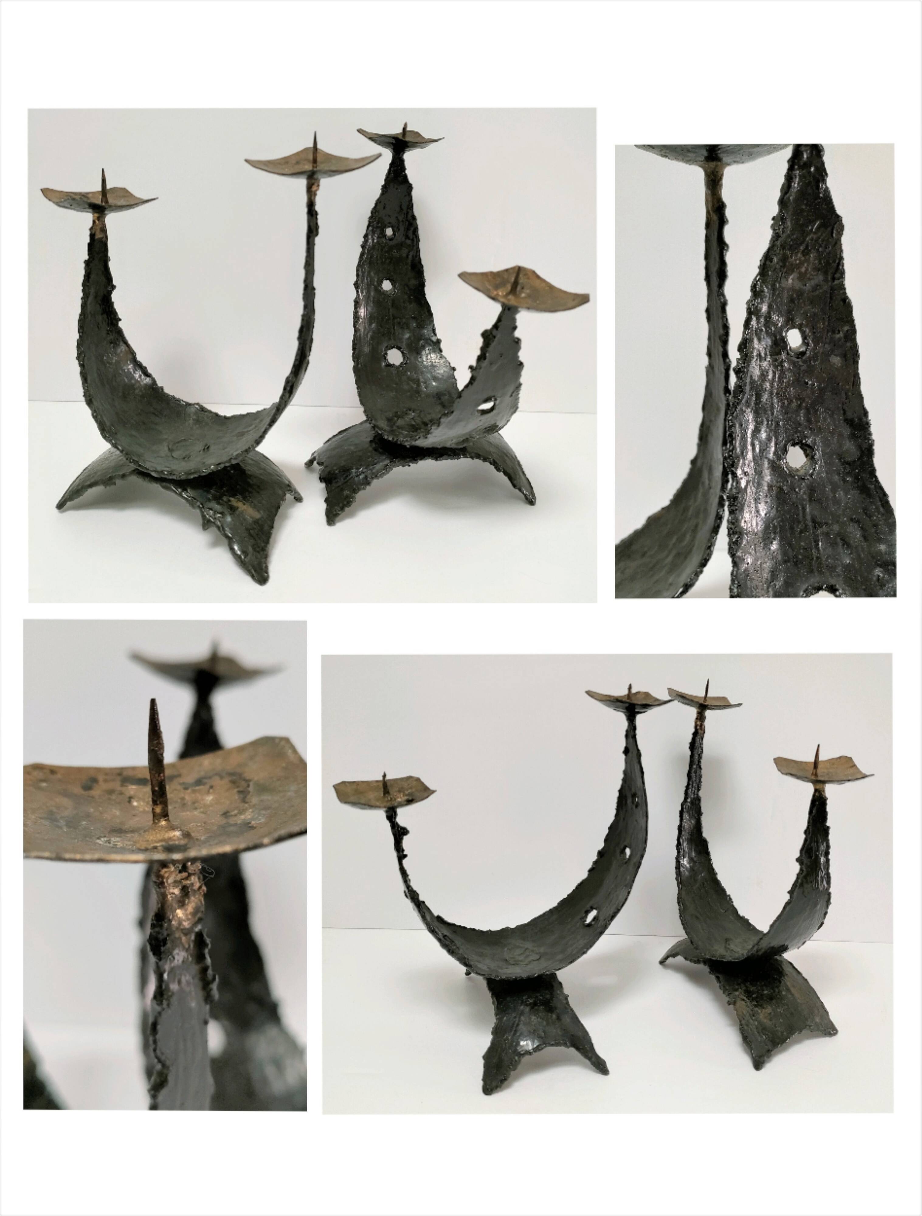 Pair of brutalist design metal candlesticks