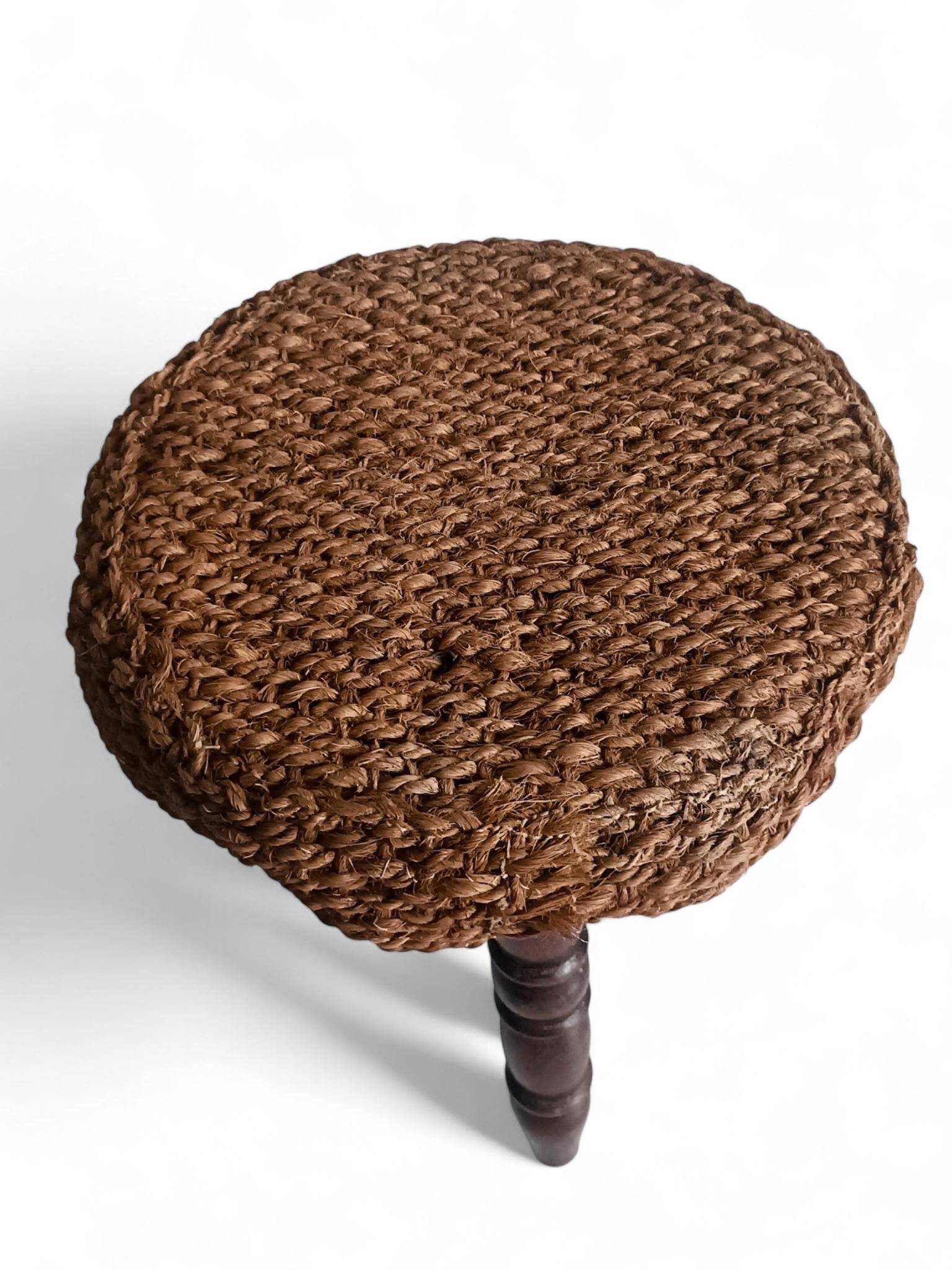 Rustic French Wood & Natural Fiber Stool/ Accent Table, Audoux-Minet Style