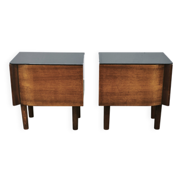 Pair of Art Deco Nightstands with Black Opaxit Glass, Czechoslovakia, 1940s