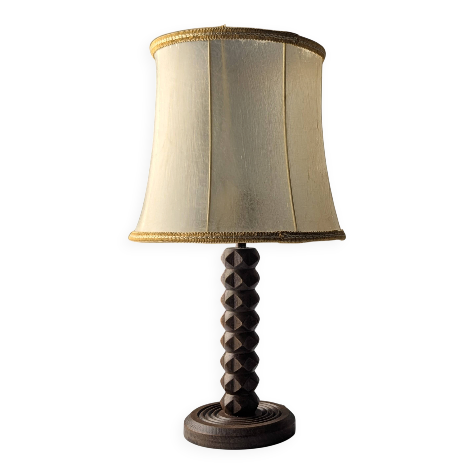 Charles Dudouyt oak table lamp with parchment shade, France, 1950s