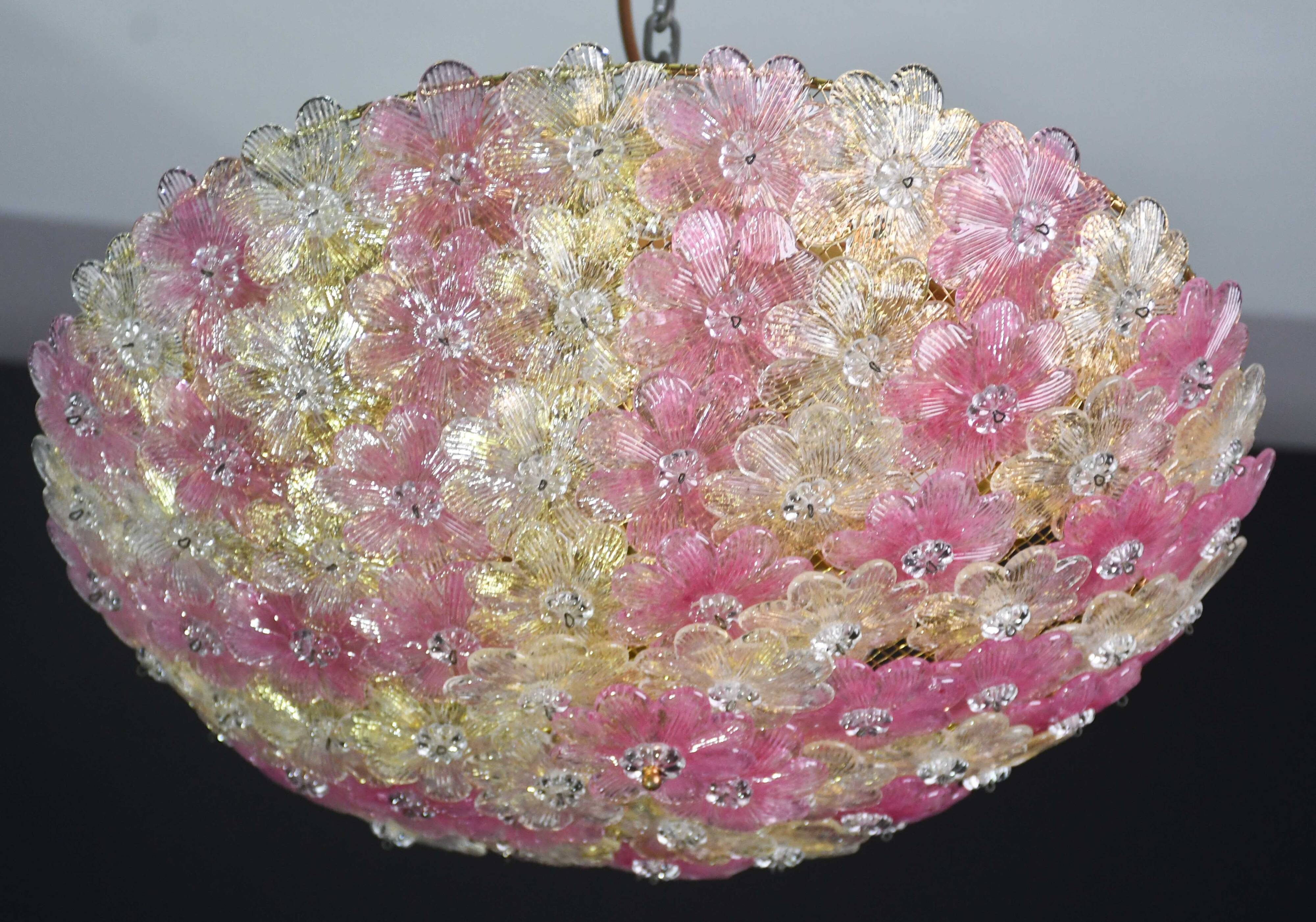 Amazing Pink and Gold Large Size Murano Ceiling Light Flower by Seguso