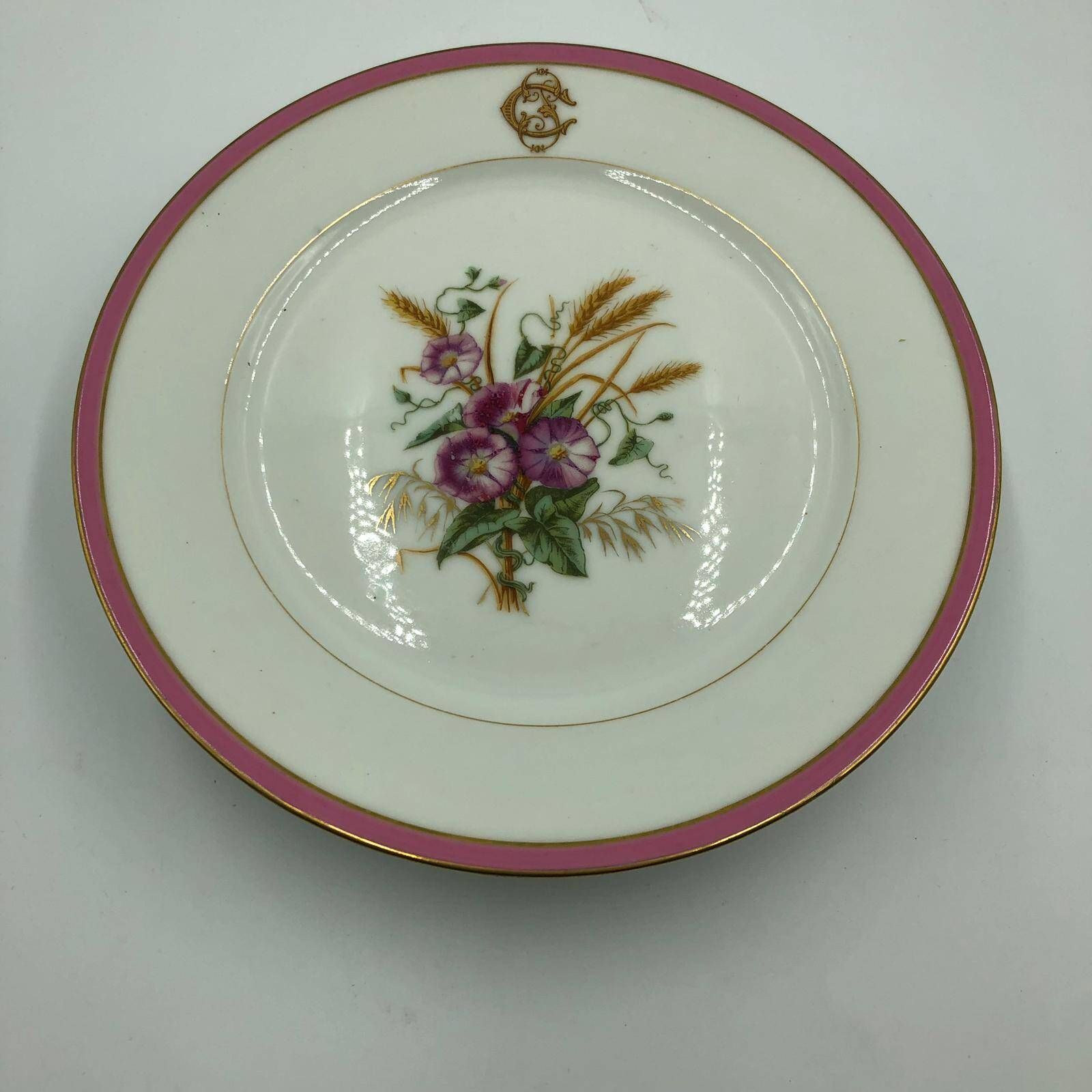 Old cake dish, fruit bowl, porcelain compote bowl decorated with flowers and ears of corn. A. Collin Paris
