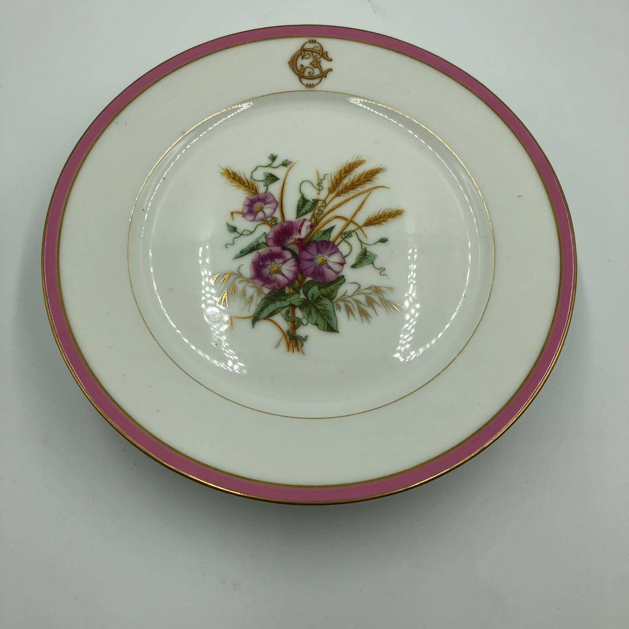 Old cake dish, fruit bowl, porcelain compote bowl decorated with flowers and ears of corn. A. Collin Paris