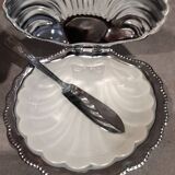 Silver-plated metal scallop butter dish and white glass bowl