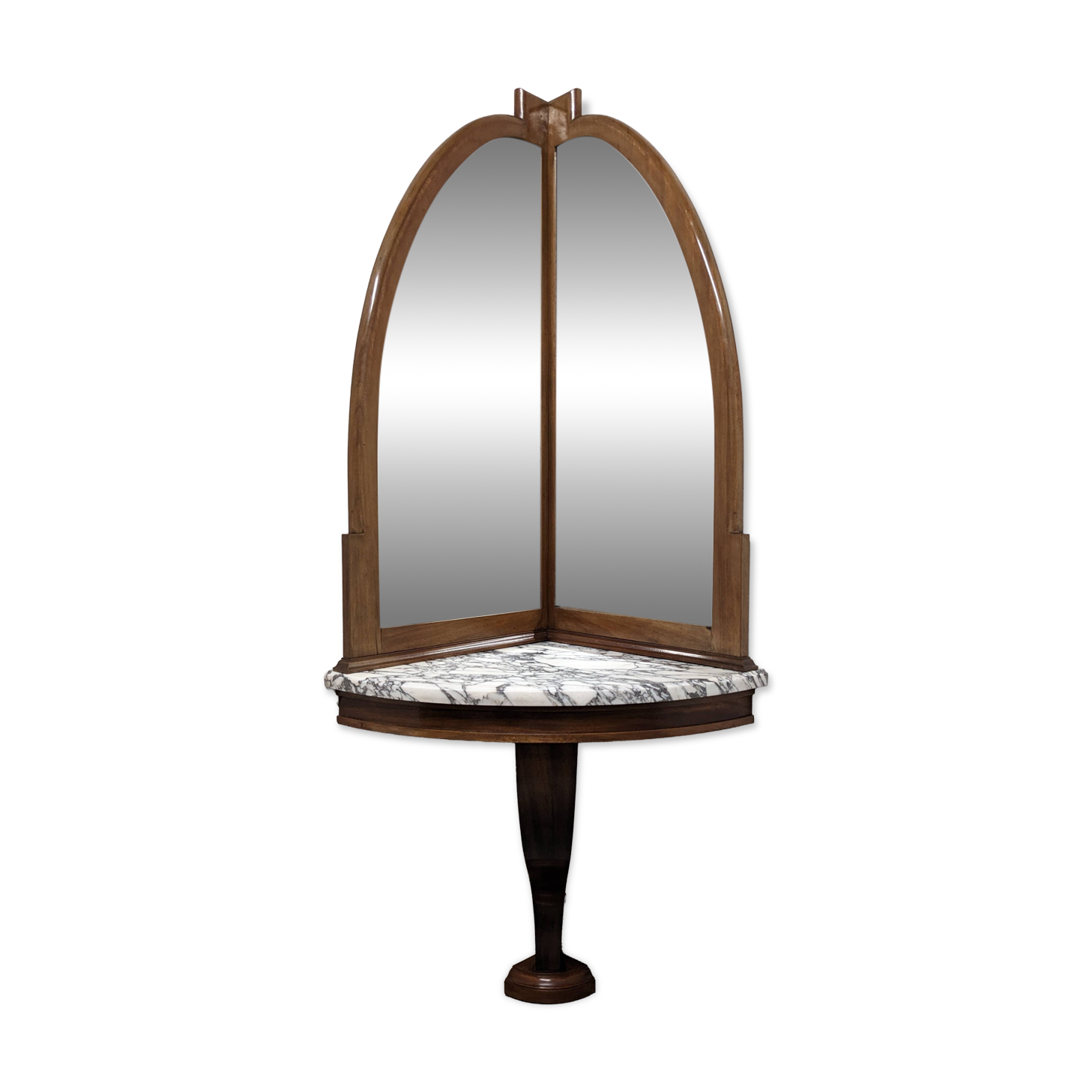 Art Deco walnut corner console table and mirror, France circa 1920