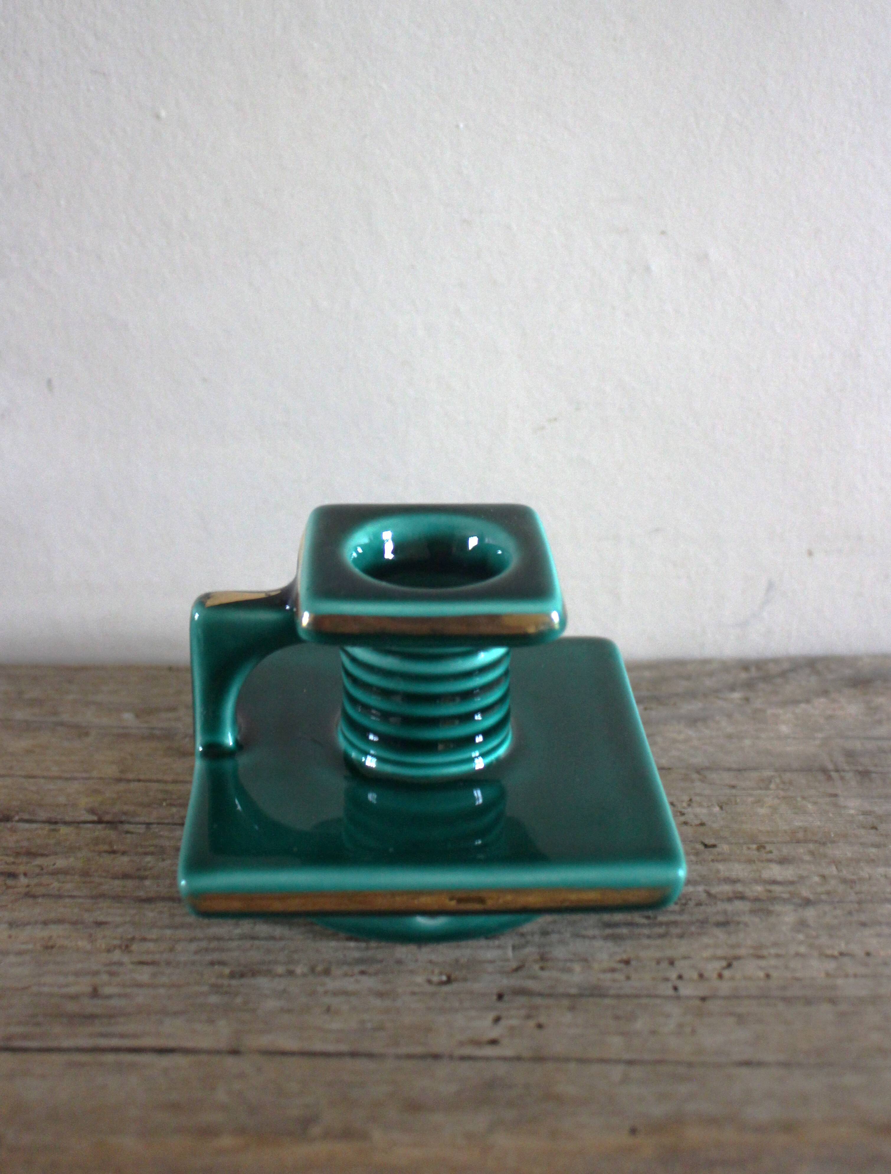 Cave rat candlestick, green earthenware with gilding from the 1950s.