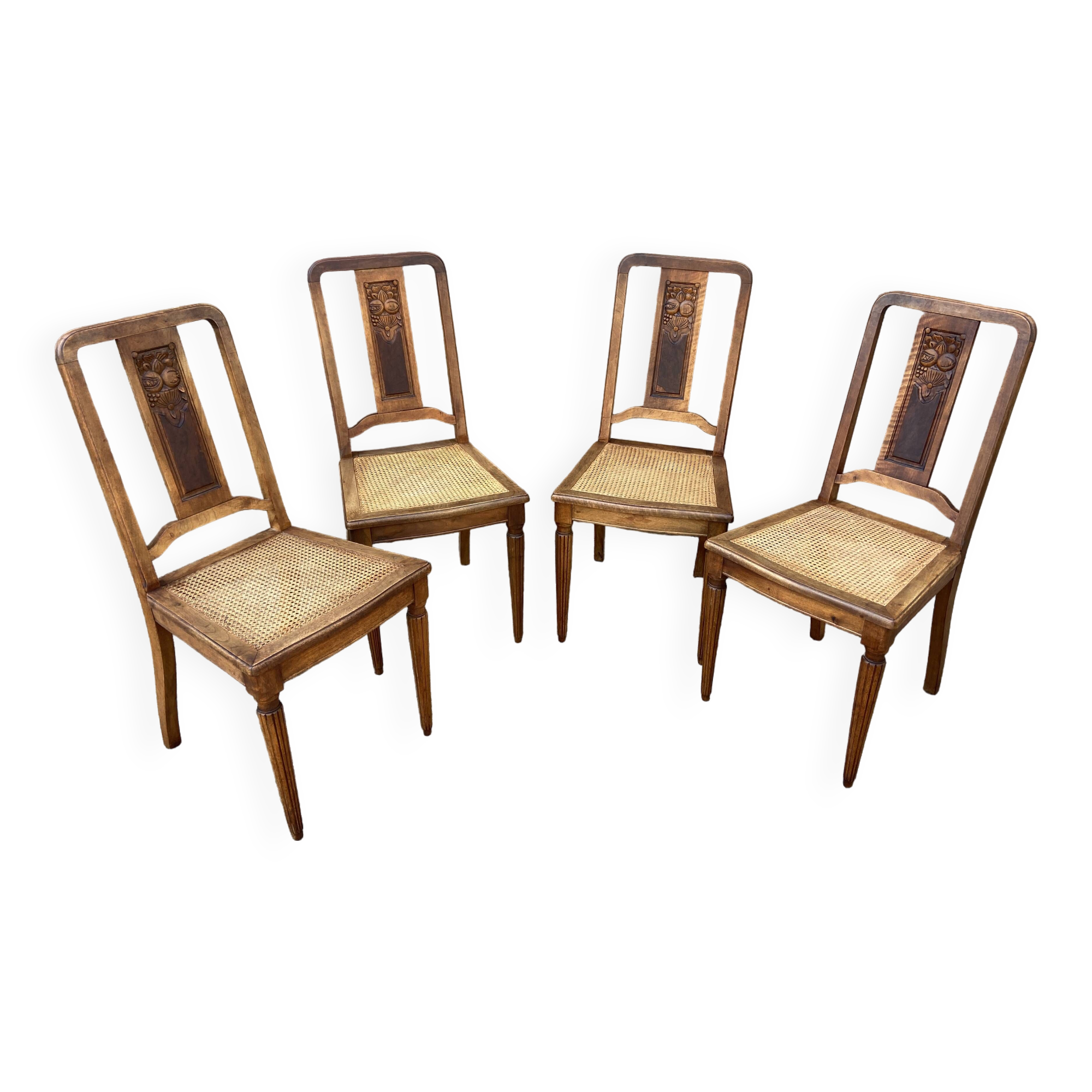 4 chaises noyer cannage Art déco 1930 motif floral French
