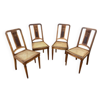 4 chaises noyer cannage Art déco 1930 motif floral French