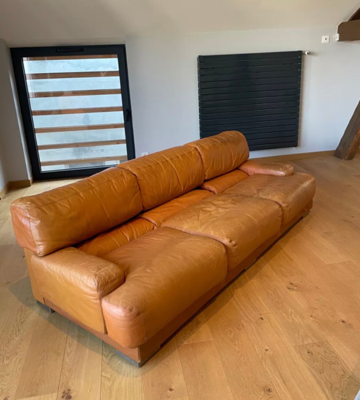 Vintage 3-seater sofa Gérard Guermonprez fawn and stainless steel leather, France 1970