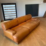 Vintage 3-seater sofa Gérard Guermonprez fawn and stainless steel leather, France 1970