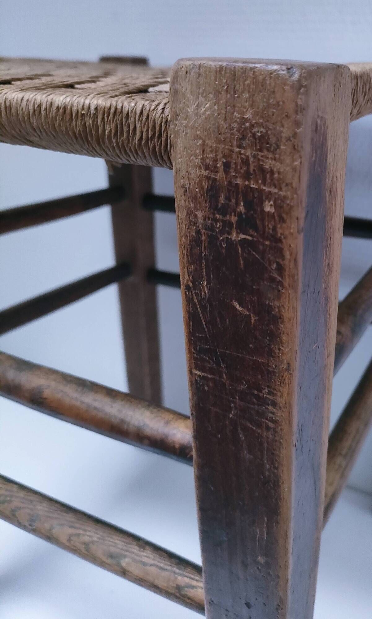 wooden stool with woven plant seat vintage