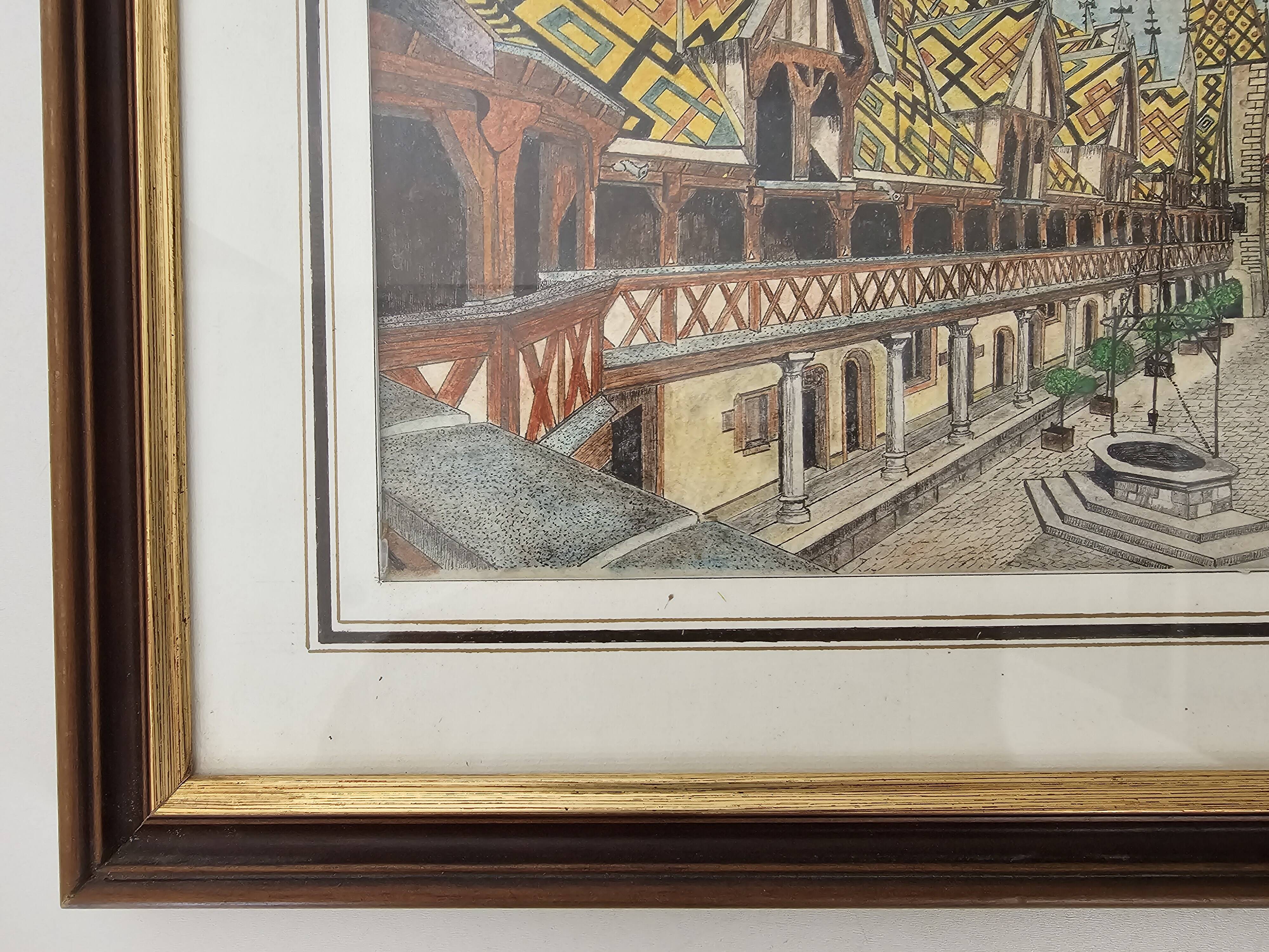 Tableau Ink and pastel - Beaune Hotel Dieu - E Poinet