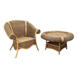Vintage organic rattan armchair and round coffee table set, 1980s-1990s