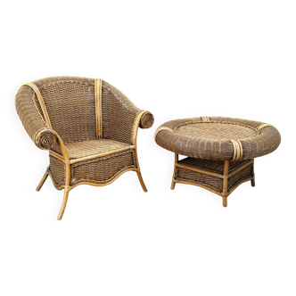 Vintage organic rattan armchair and round coffee table set, 1980s-1990s