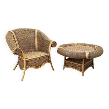 Ensemble de fauteuil en rotin organique vintage et table basse ronde, années 1980-1990.