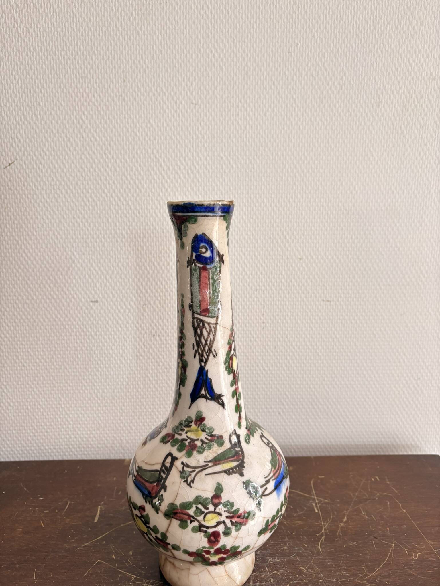 Ancient Persian Vase Iran Persia Qajar Bird Fish 19th Century
