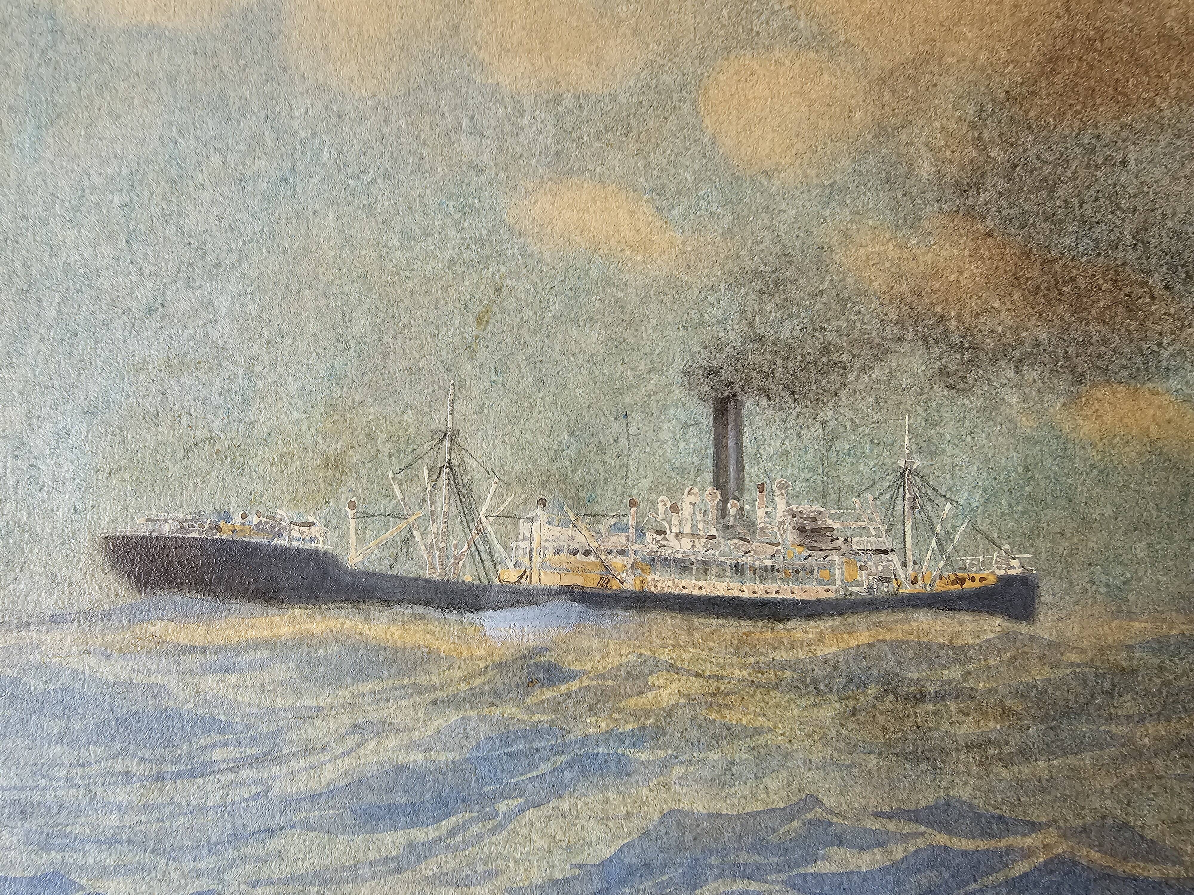Watercolor of a liner at sea signed taboureau georges known as sandy-hook (1879-1960)