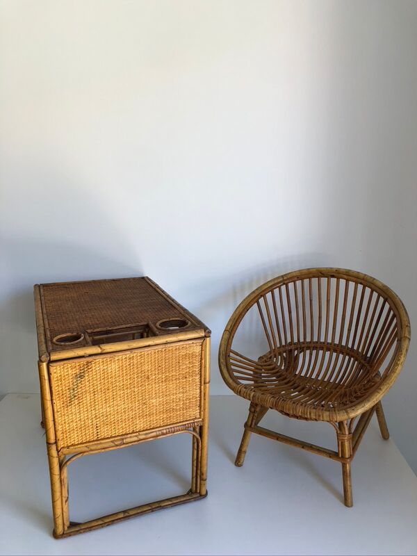 Bureau enfant en rotin avec son fauteuil